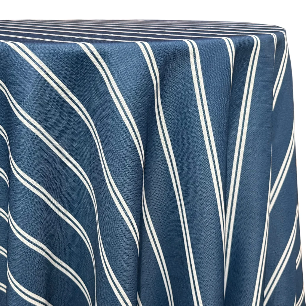 Slate blue tablecloth with white double pinstripes