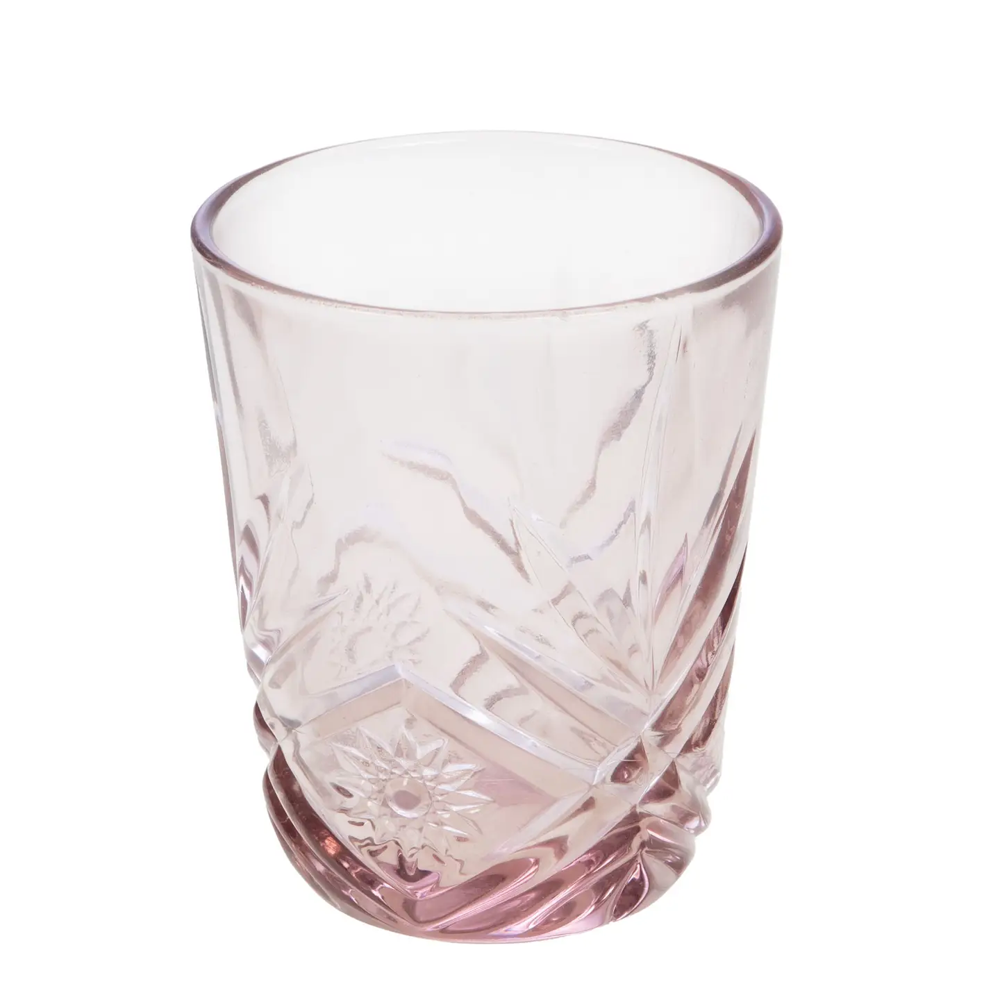 Pale pink stemless tumbler with diamond point and starburst cut glass