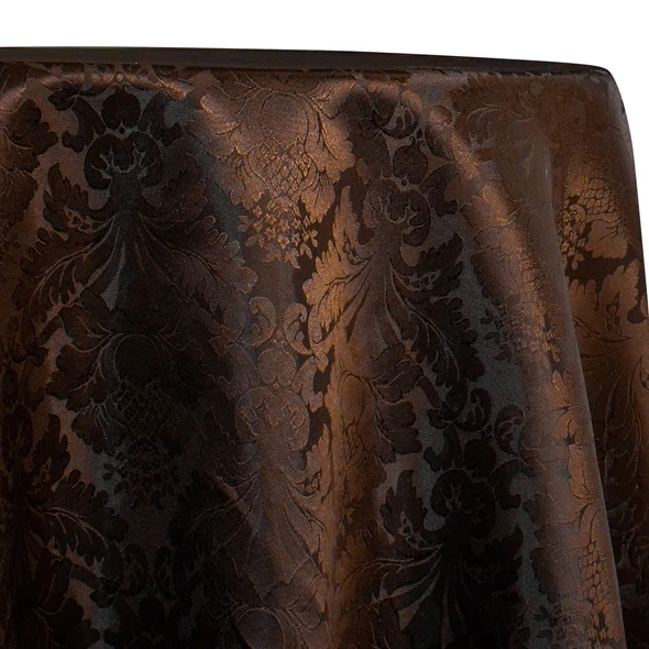 Chocolate brown damask tablecloth with a tonal floral pattern