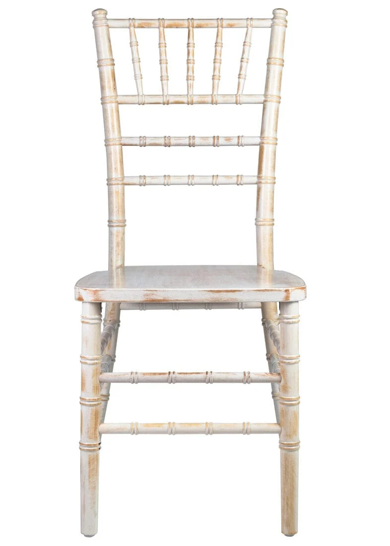 White washed chiavari chair with bamboo-style spindles
