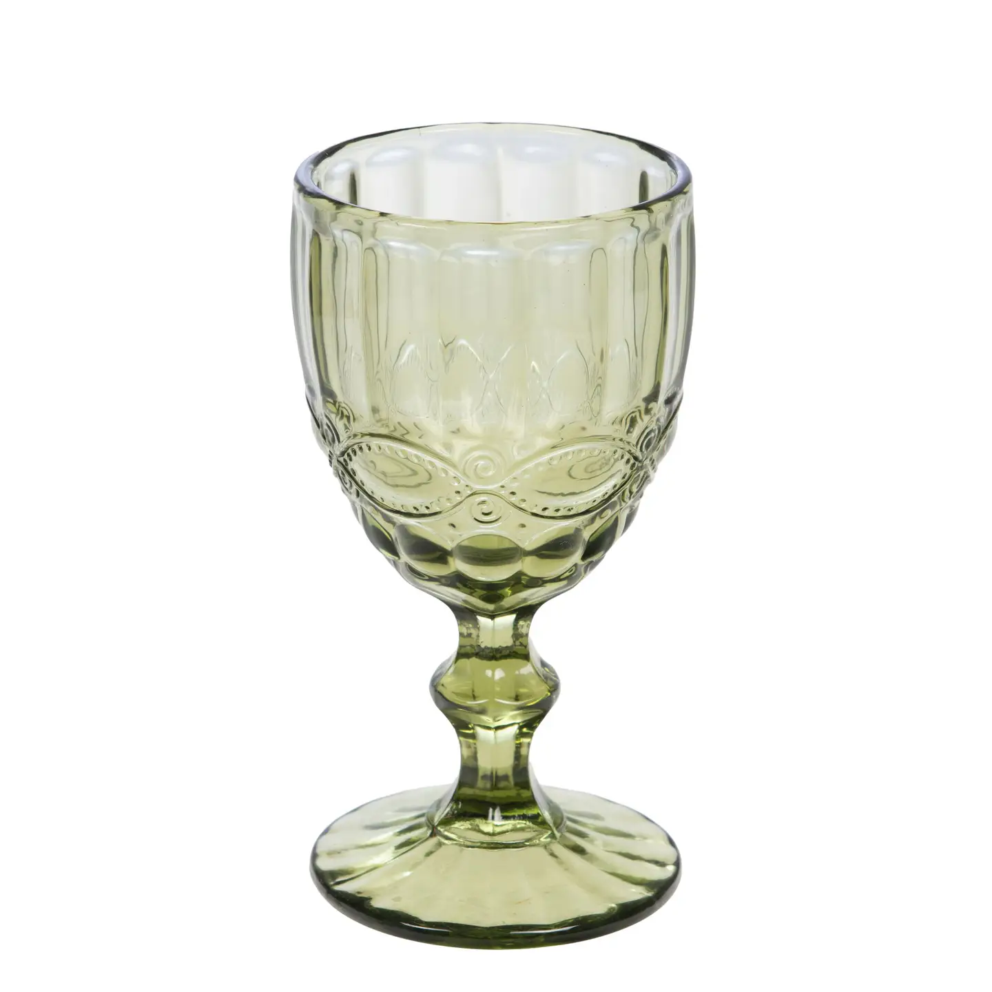 Olive green stemmed goblet with fluted panels and raised coin facets