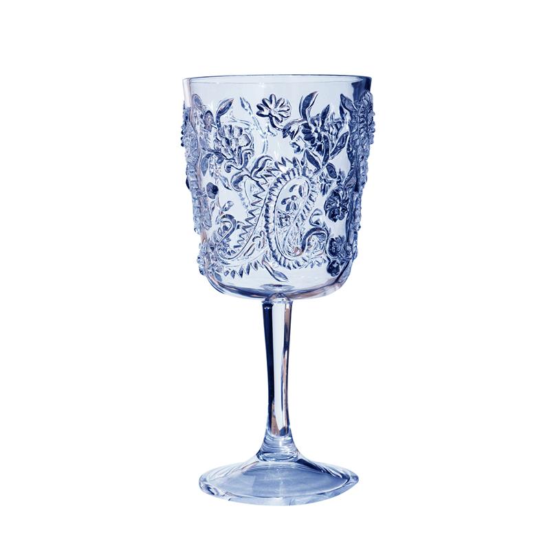 Clear stemmed goblet with raised paisley and floral embossing