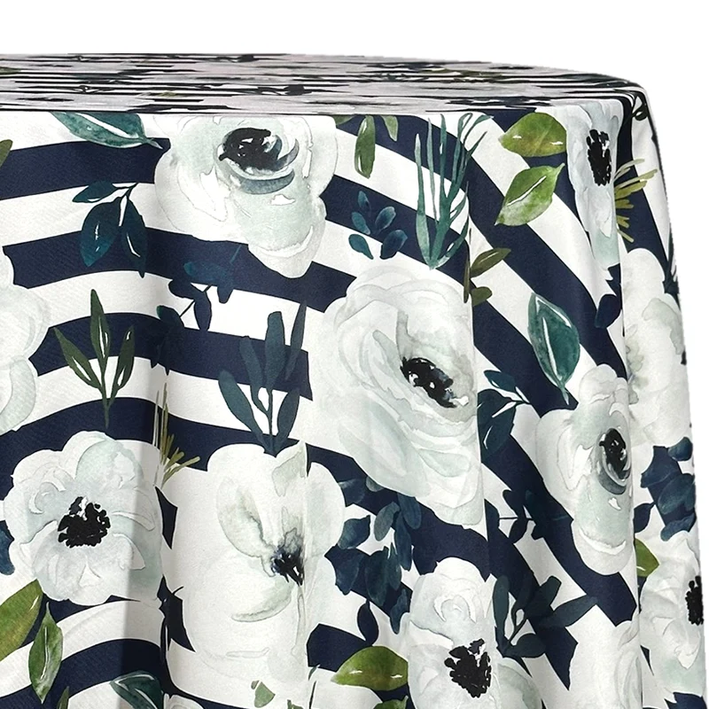 Navy and white striped tablecloth with painted floral blooms