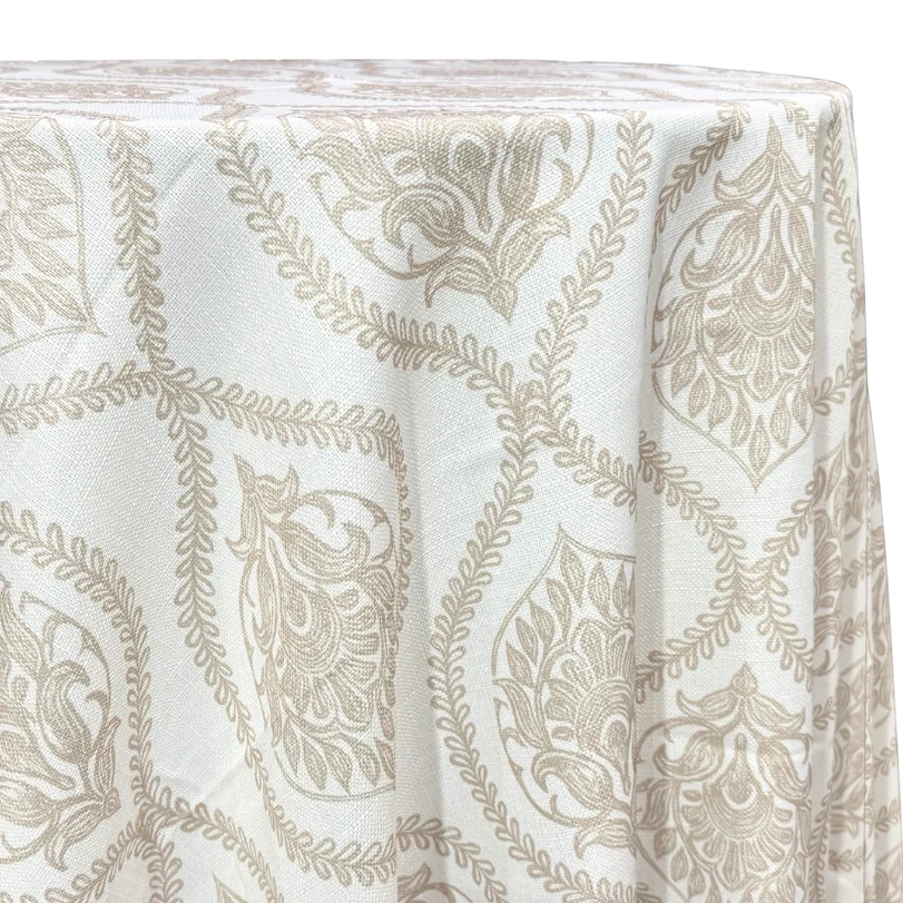 Ivory tablecloth with a taupe damask lattice pattern
