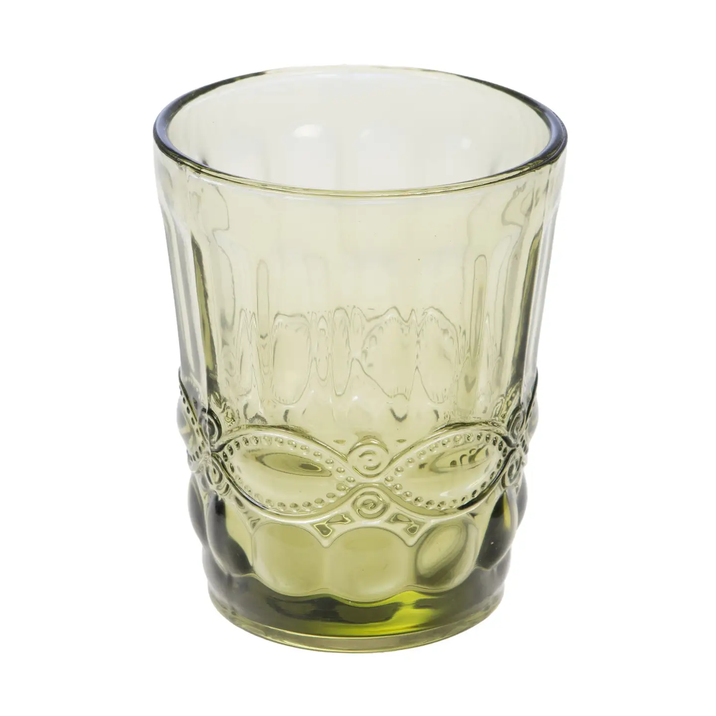 Olive green stemless tumbler with fluted panels and raised coin facets