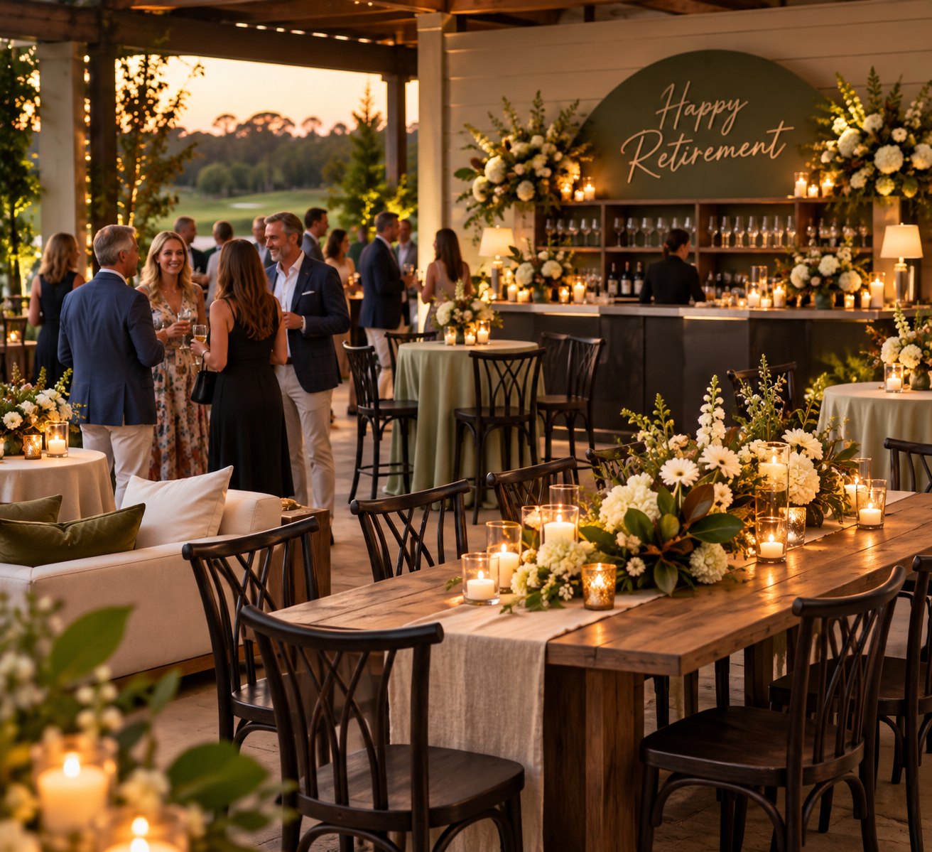 Guests in evening attire at a sunset retirement reception on a terrace with candlelit tables