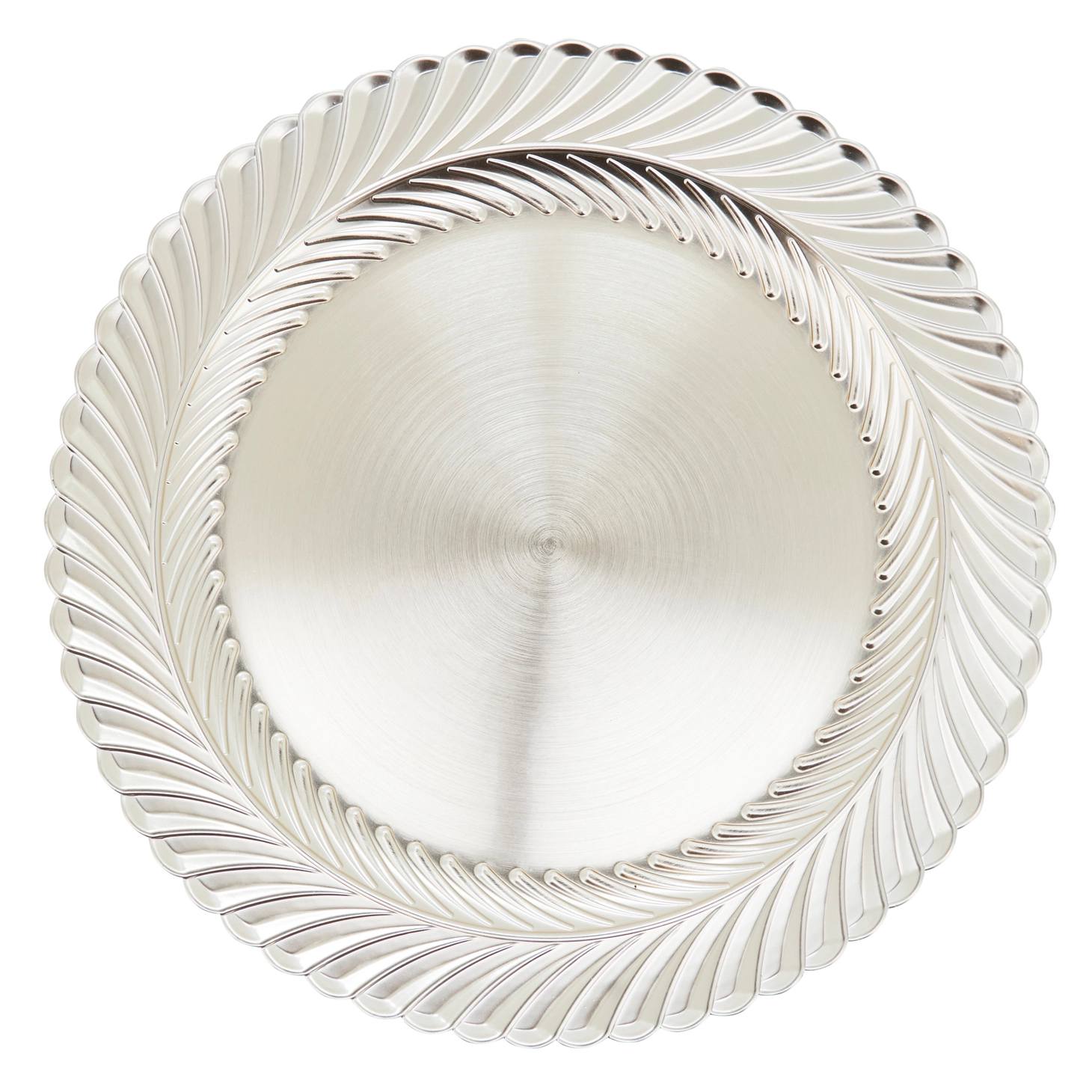 Silver charger plate with a fluted palm frond rim