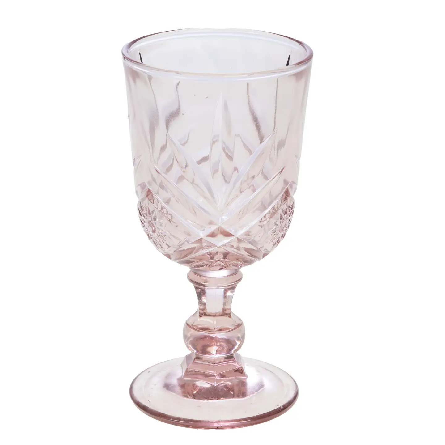 Pale pink stemmed goblet with diamond point and starburst cut glass