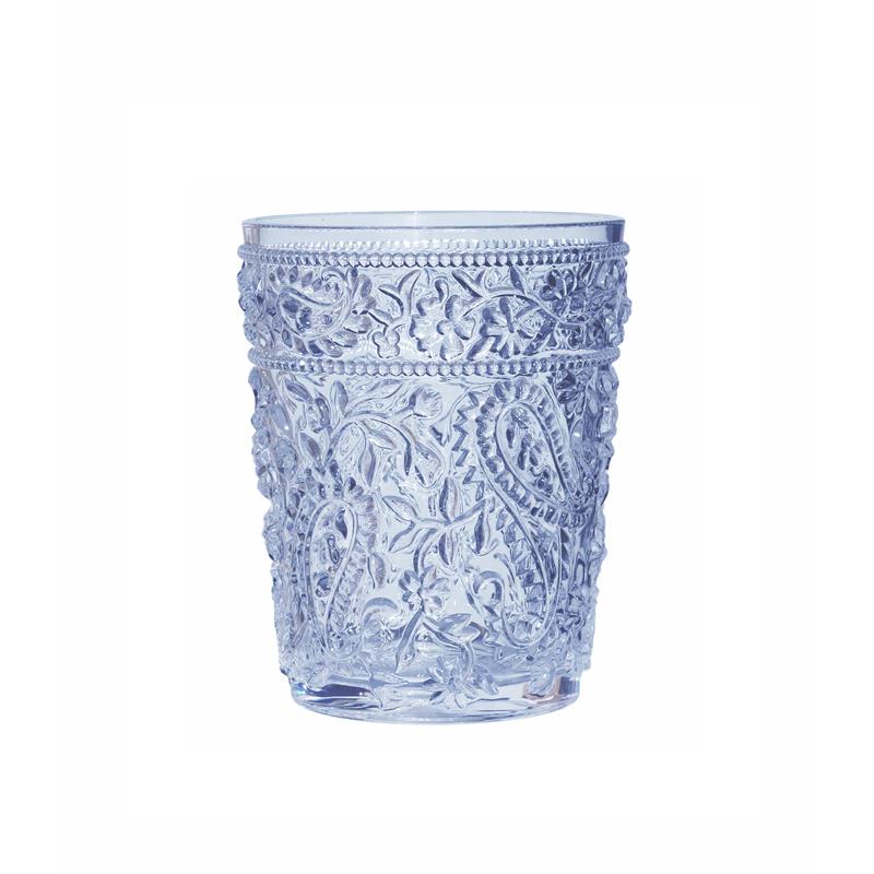 Clear stemless tumbler with raised paisley and floral embossing