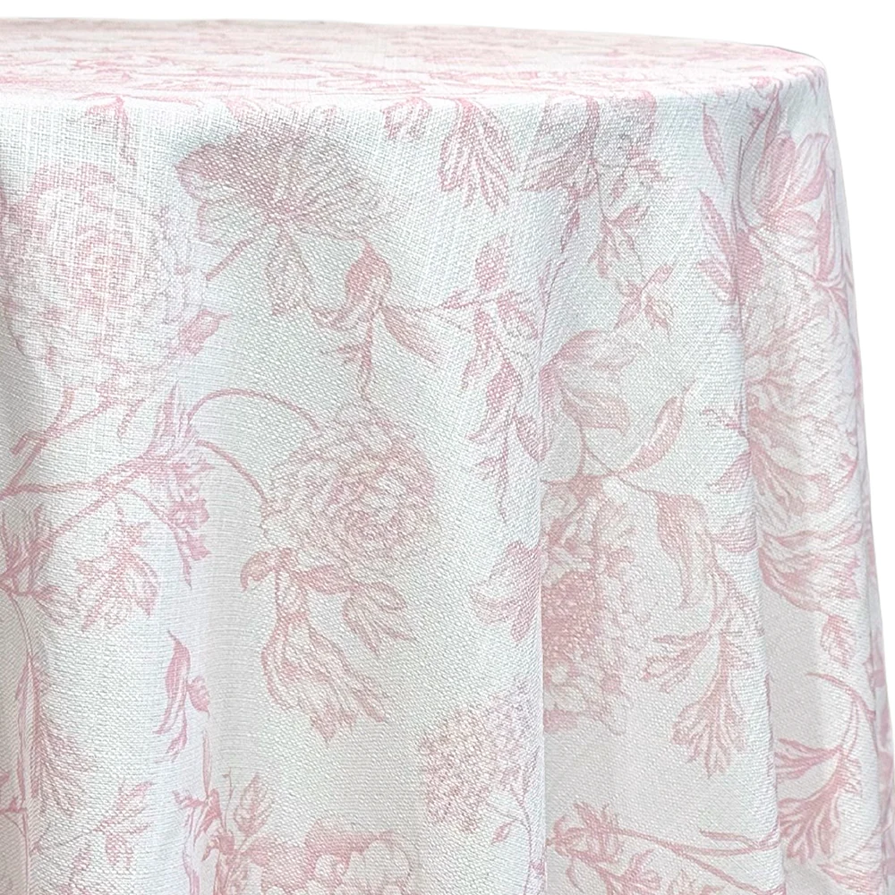 Cream tablecloth with a dusty rose floral toile pattern