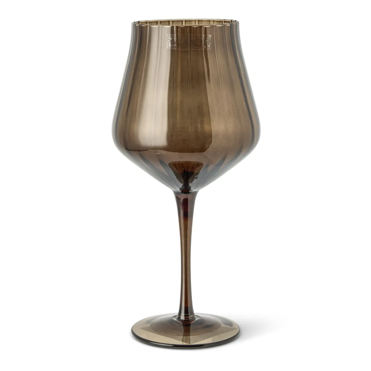 Smoky brown stemmed goblet with vertical fluting and a scalloped rim