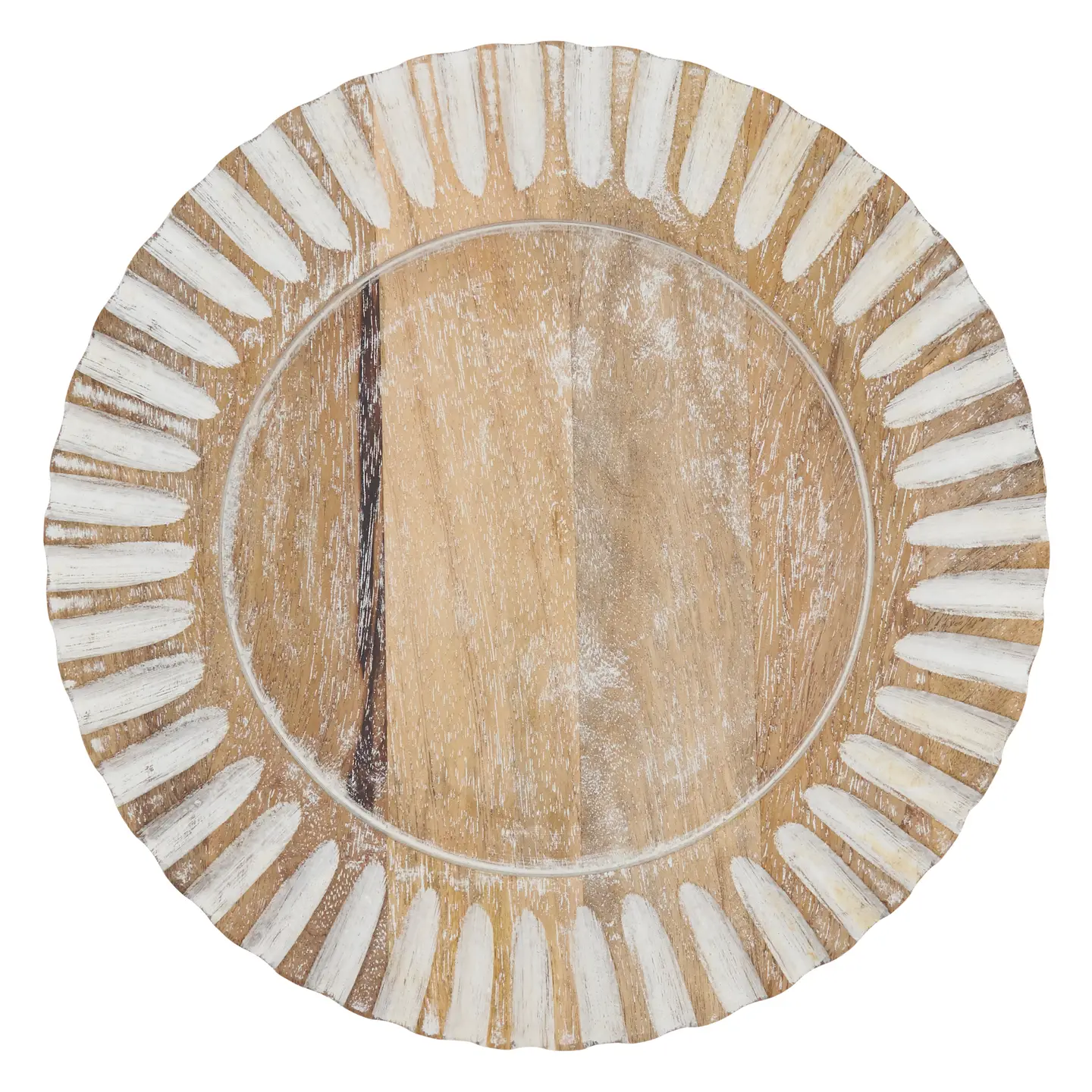 Natural wood charger with a carved, whitewashed scalloped rim