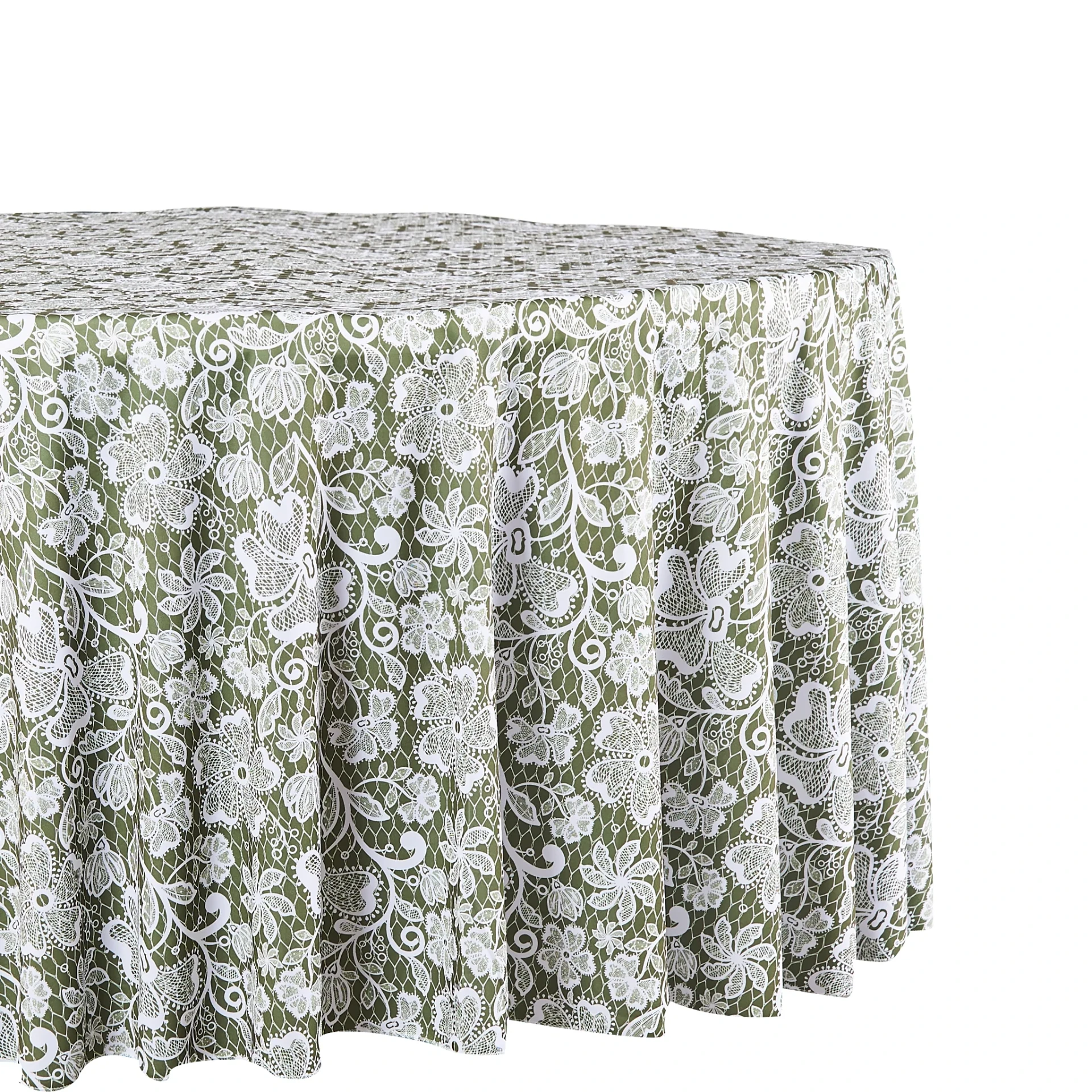 Olive green tablecloth with a white vintage lace floral print