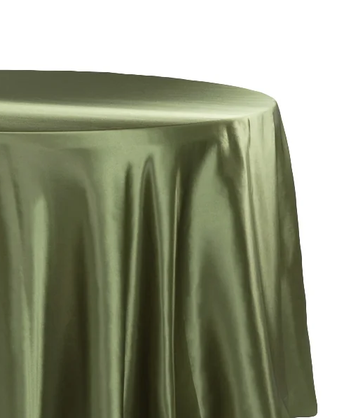 Olive green satin tablecloth draped over a round table