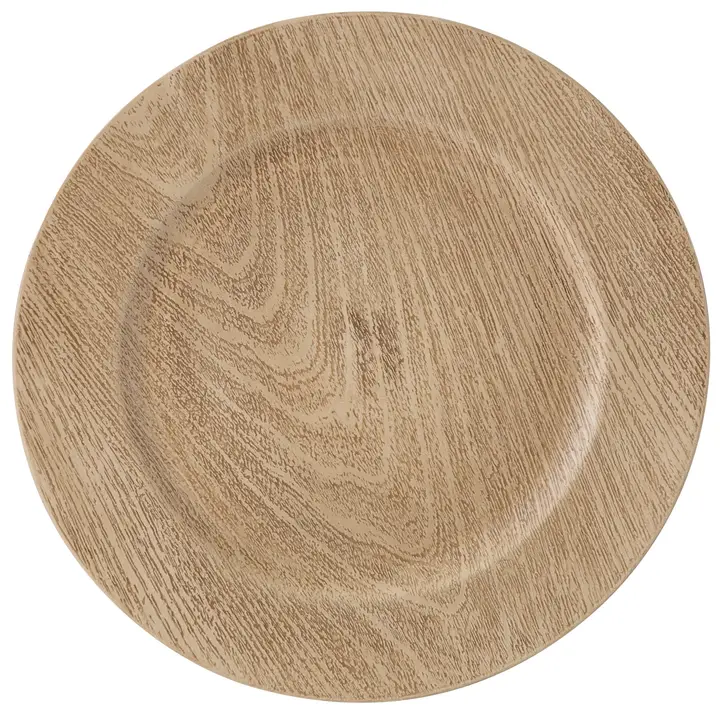 Tan wood grain charger plate with a smooth wide rim