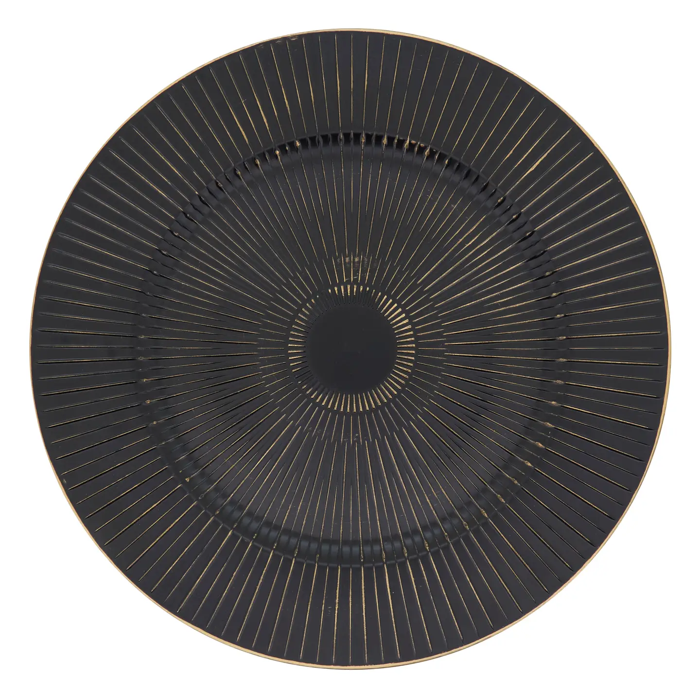 Black charger plate with a gold starburst pattern