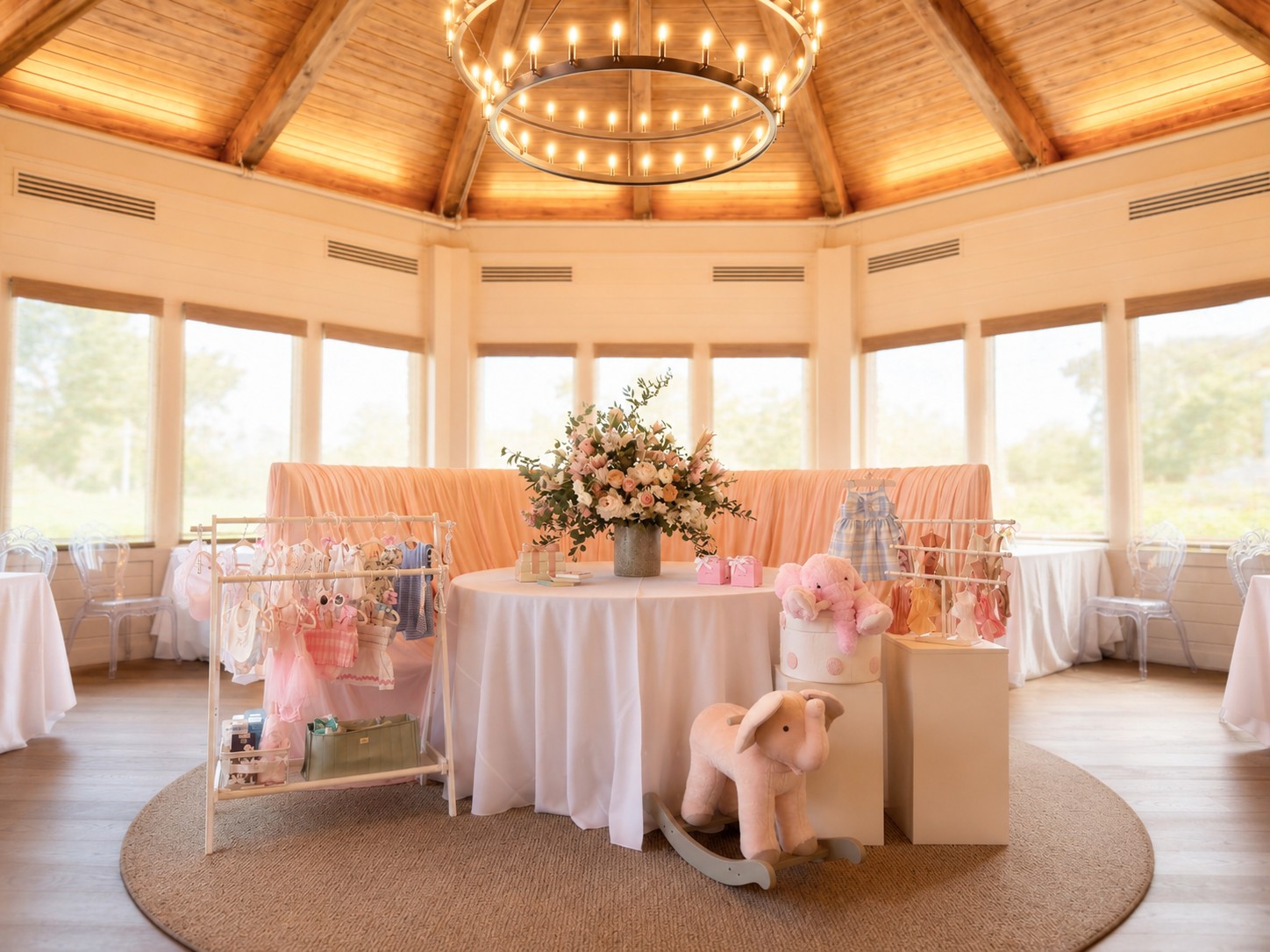 Round baby shower table with a blush banquette, white florals and racks of infant dresses